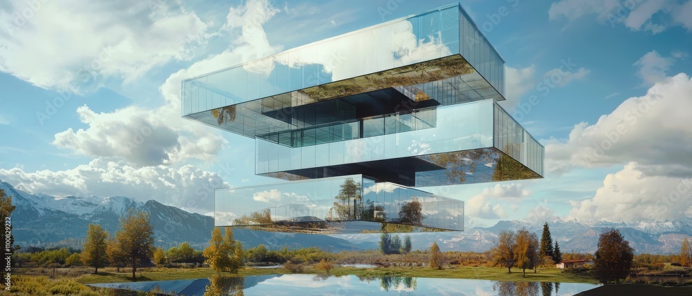 Poster exploring floating architecture surreal office building dreamlike landscape modern environment eleva