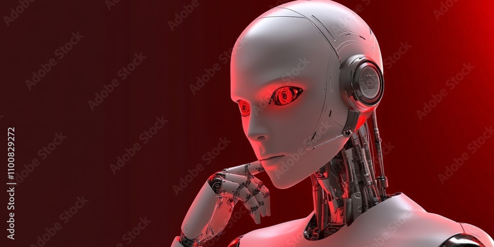Poster advanced android with red eyes in spotlight imagining ai development risks and runaway dangers