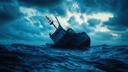 Fototapeta premium Stranded ship in turbulent sea under dark stormy clouds evokes anxiety