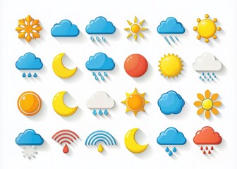 Obraz premium Vintage Style Colorful Flat Weather Symbols Featuring Clouds, Sun, Rain, Snow, and Moon Isolated on a White Background for Creative Weather-Related Projects