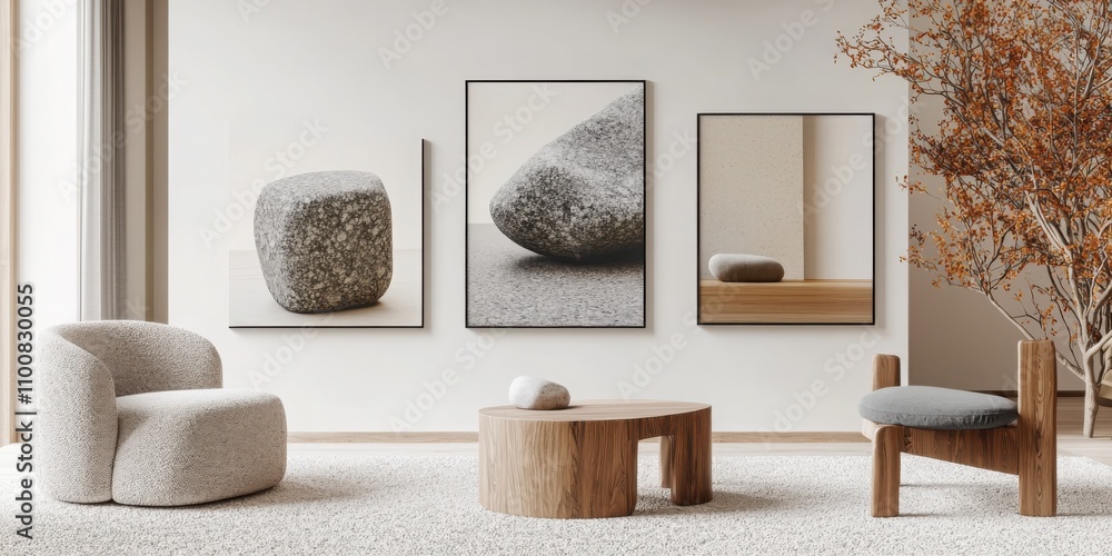 Poster showcasing scandinavian gallery mockup with triple frame grid and organic furniture forms in a muted