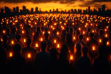 Obraz premium Vigil Crowd Holding Candles at Sunset Cityscape
