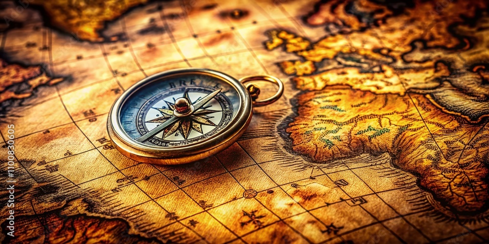 Poster vintage-style map with ornate pin point and artistic elements like compasses and scrolls on a softly