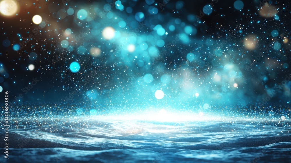 Poster mystical floating light bubbles in teal and turquoise bokeh midnight background abstract art dreamy 
