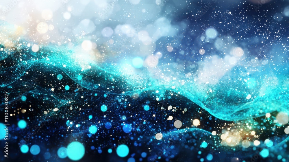 Poster floating light bubbles create mystical teal and turquoise bokeh background in midnight setting for a