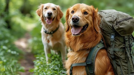 Golden Retrievers Hiking with Backpack Dog Adventure Nature Trail