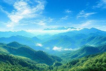Naklejka premium Lush Green Mountains and Vibrant Blue Sky with Wispy Clouds in a Serene Landscape