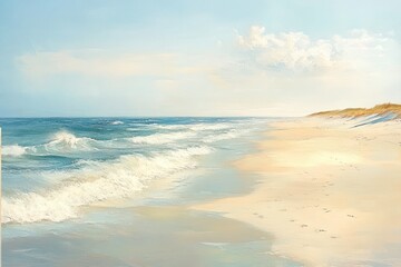 Obraz premium A serene beach scene with gentle waves lapping at the shore, a sandy beach, and a blue sky with white clouds in the background.