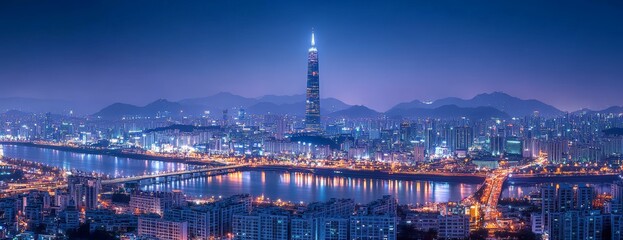 Fototapeta premium Seoul illuminated skyline at night featuring Seoul Tower and Han River