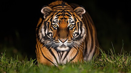 Obraz premium Majestic Tiger in Night Grass Wildlife Photography