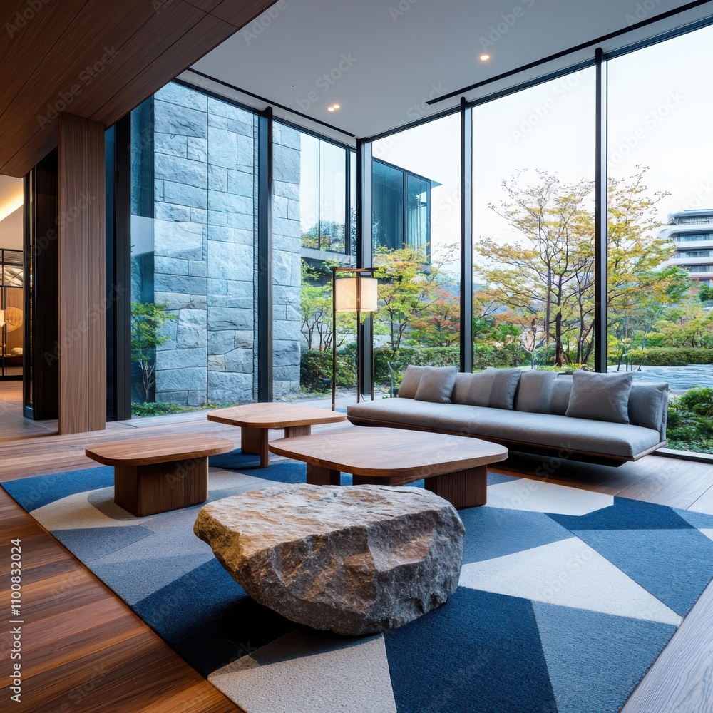 Poster creating a tranquil zen living space with stone base tables fabric sofa and geometric carpet a moder