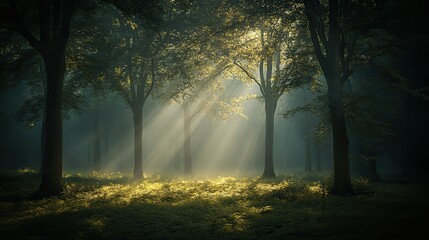 Obraz premium A foggy picture depicts sunbeams shining through the trees in a lush forest, creating a serene atmosphere filled with light and tranquility.