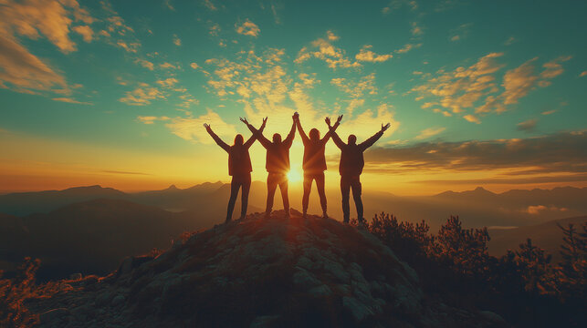 group of people standing on mountain summit, arms wide open, embracing the sky and sunlight, joyous celebration