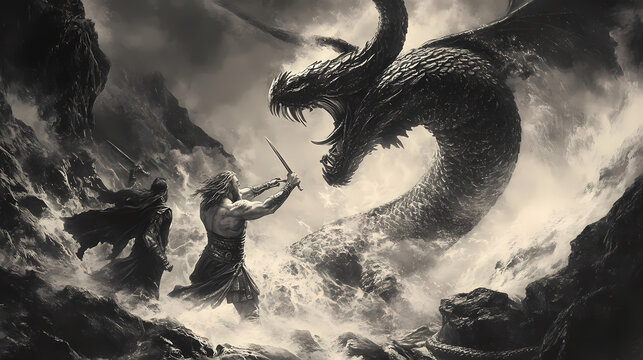 The norse god thor battling the midgard serpent at ragnarock, mythology. Mythology. Illustration