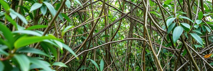 Obraz premium A complex network of twigs and leaves creates a natural, abstract disguise in the jungle environment, perfect for hiding from view, green camouflage, camouflage art