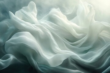 Obraz premium Soft, white fabric flowing in the wind, creating an abstract pattern against a blue and green background.