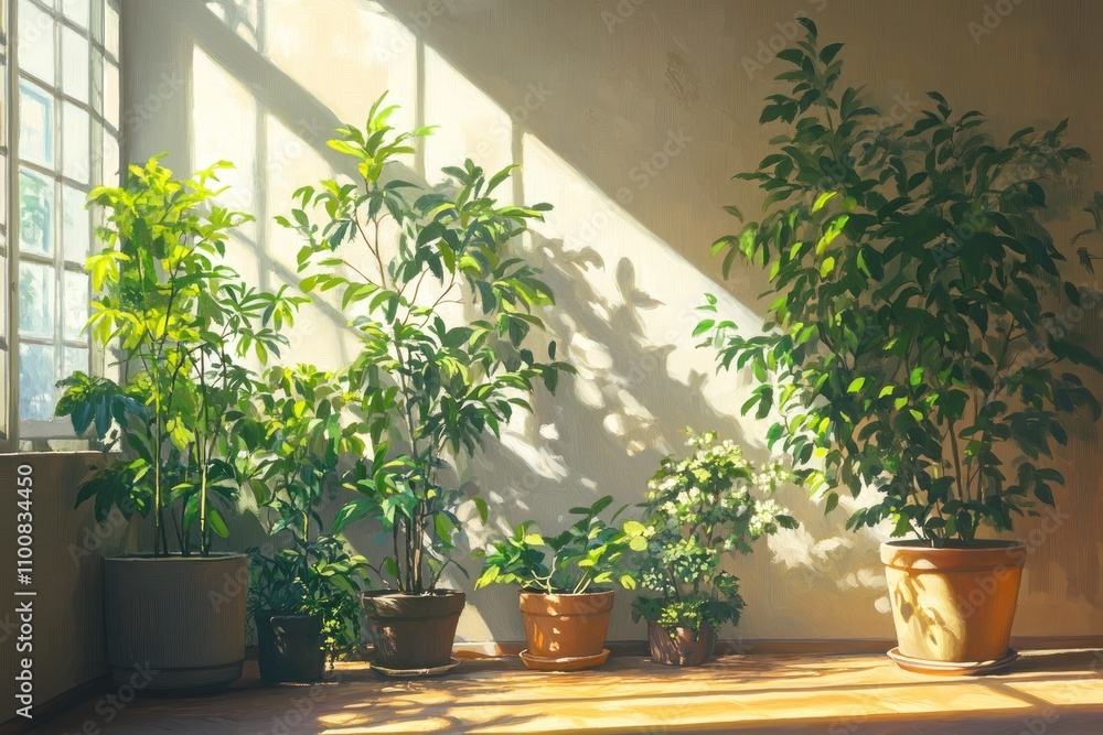 Aufkleber sunlight streams through a window and illuminates a row of potted plants in a minimalist room.