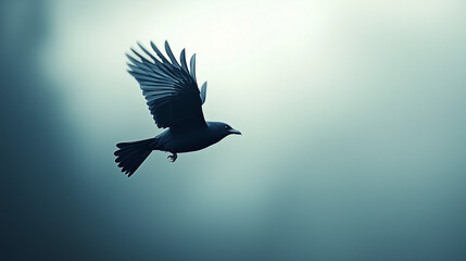 Fototapeta premium Solitary Flight: A majestic crow in flight, silhouetted against a soft, ethereal teal sky. The image evokes a sense of freedom and mystery.