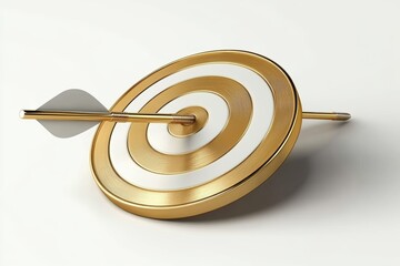 Gold Arrow Hitting Center of Dartboard Target Success Achievement Isolated on White Background