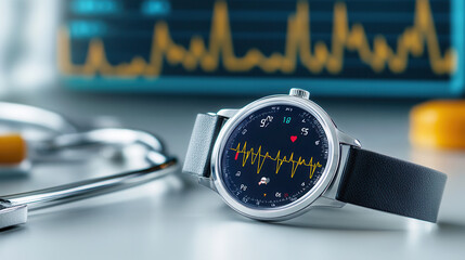 close up of wearable ECG device showcasing heart rate monitoring and health data. sleek design and modern technology highlight its functionality and importance in health tracking