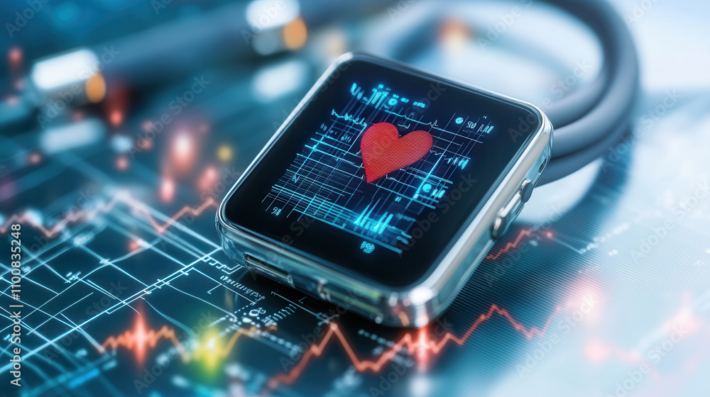 Aufkleber close up of wearable ecg device displaying heart rate data on screen, symbolizing health monitoring 