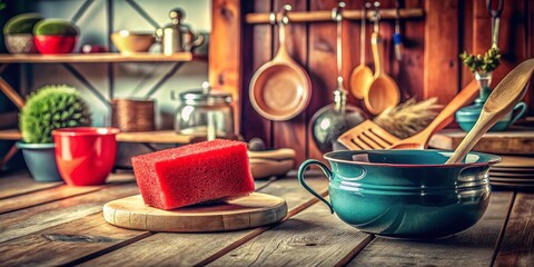 Vintage Style Photography of a Red Kitchen Sponge on a Rustic Countertop Surrounded by Classic Kitchenware Evoking Nostalgia in Domestic Settings