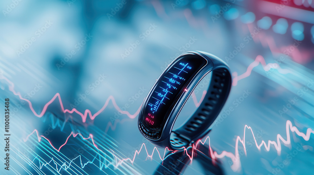 Poster futuristic ecg smartwatch displaying health metrics in neon lit environment, showcasing advanced tec