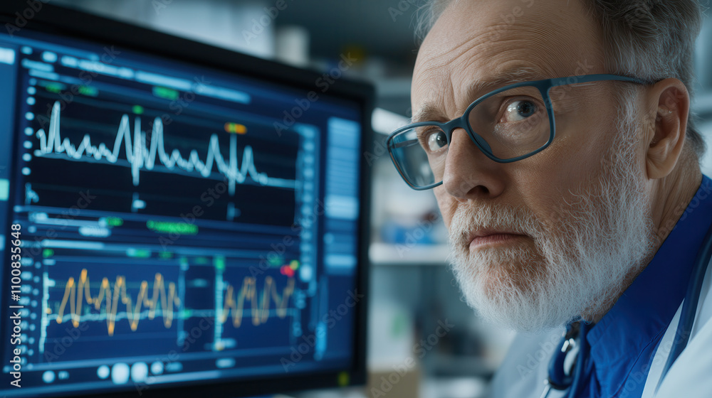 Poster doctor analyzing heart rhythm data on computer screen, showing concern and focus. detailed graphs il