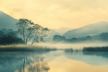 Obraz premium A lone tree stands tall by a misty lake with mountains in the background at sunrise.
