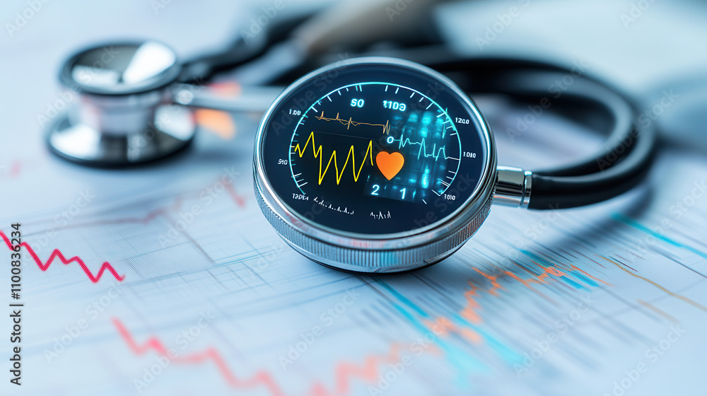 Poster ecg monitor displaying heart rate and health data on stethoscope, symbolizing medical technology and