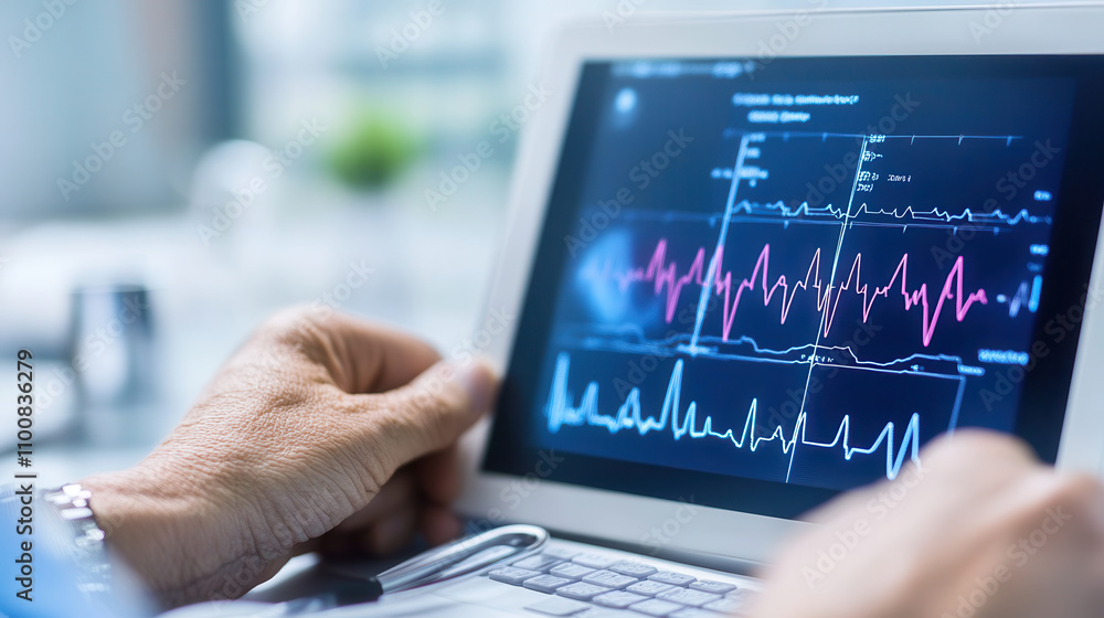 Aufkleber ecg device displaying heart rate data on tablet, showcasing vital signs and health monitoring techno