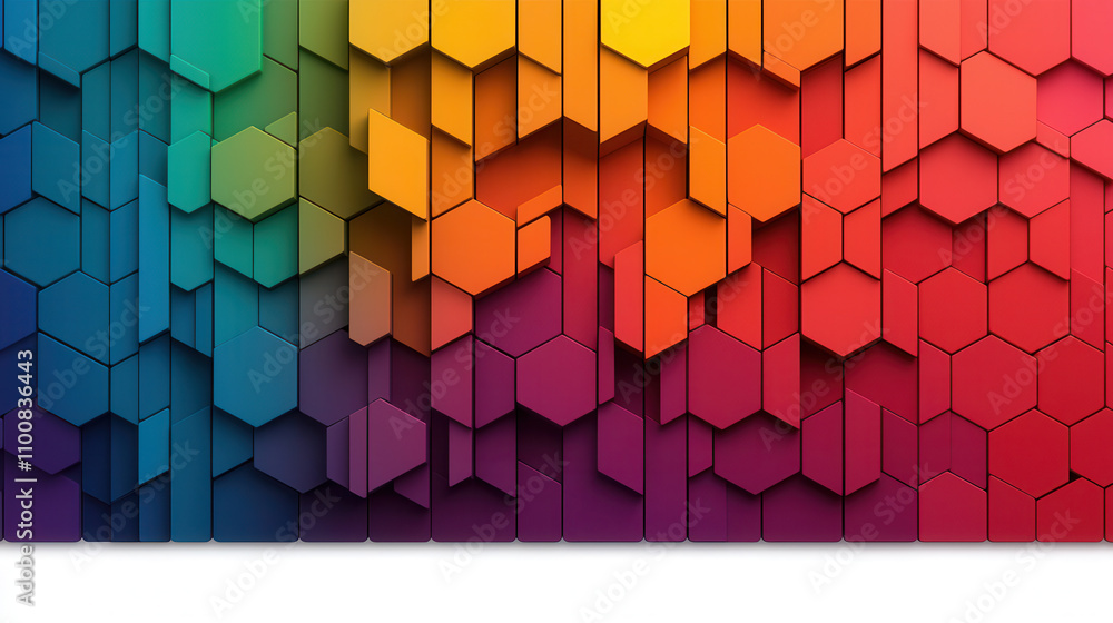 Poster vibrant geometric patterns with hexagonal shapes in colorful gradient. design features blend of blue
