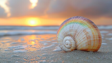 Seashell on Sandy Beach at Sunset Ocean Wave Summer Vacation