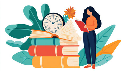 A woman stands beside colorful stacked books and a clock, surrounded by plants and flowers, symbolizing knowledge and the passage of time.