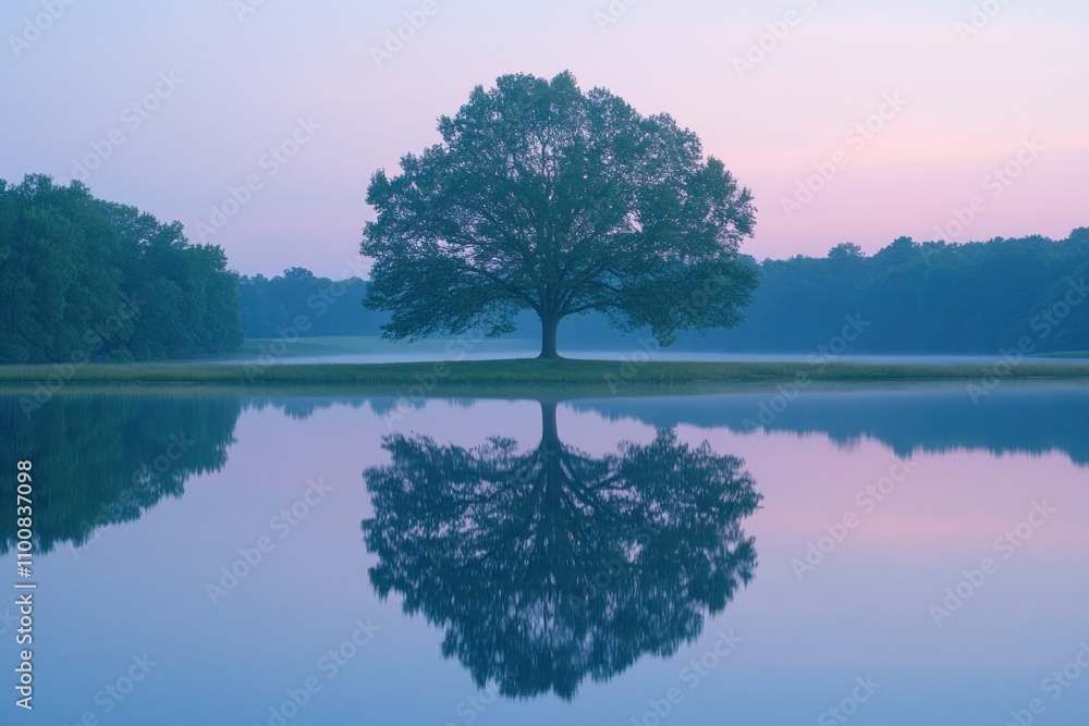 Poster a single tree stands tall and proud in a misty lake at dawn. its reflection creates a symmetrical im