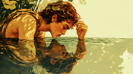 Narcissus in love with his own reflection in the water , narcissism concept. Mythology. Illustration
