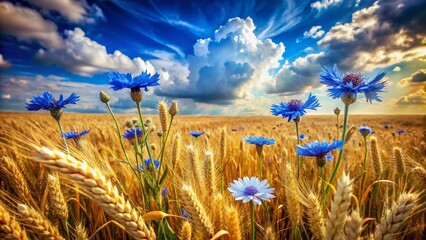 Vintage Style Photography of Corn Flowers Blooms Among Wheat Fields Under a Bright Blue Sky with Fluffy White Clouds, Capturing the Essence of Nature's Rustic Charm