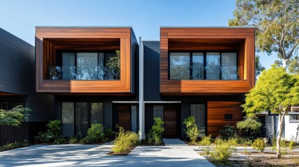 Fototapeta premium Modern duplex with wood siding and large windows. Ideal for real estate, architecture, and home design projects.