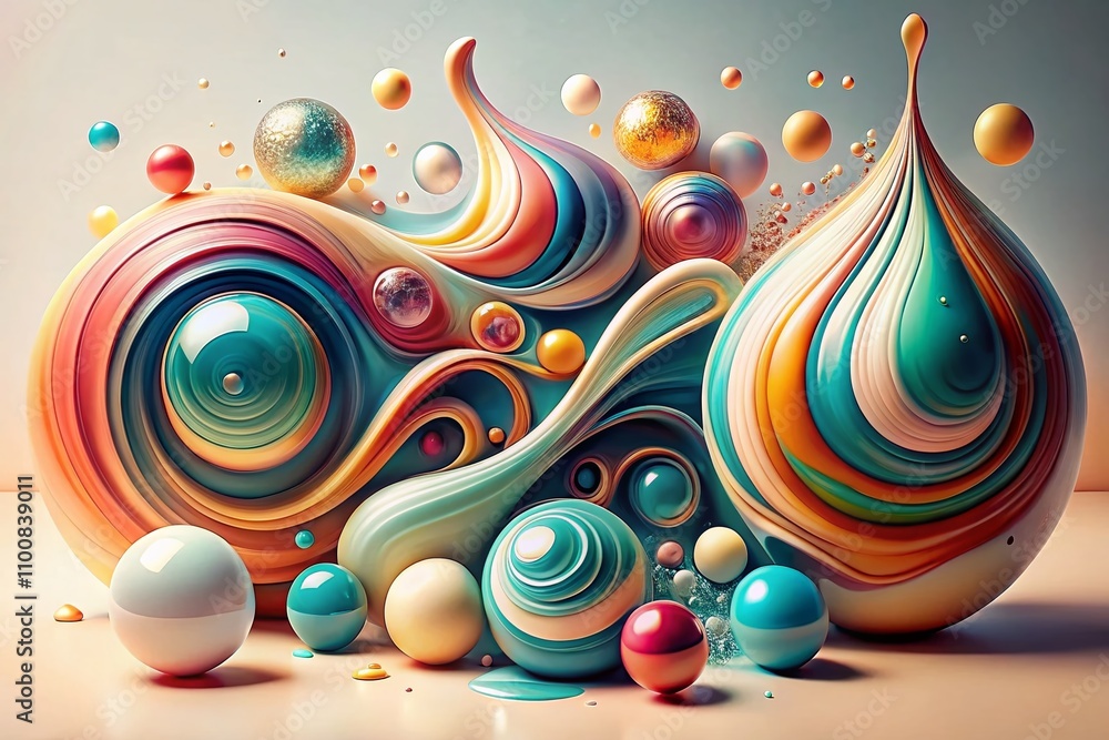 Poster vintage style photography of organic abstract fluid shapes: curvy liquid blobs and dynamic forms on 
