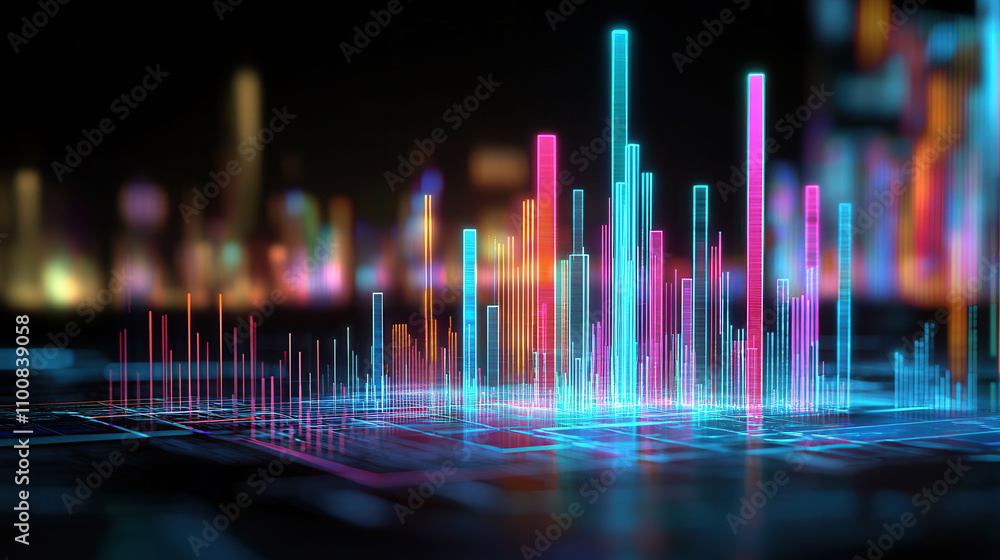Poster futuristic data visualization with vibrant neon colors and glowing bars representing statistics and 