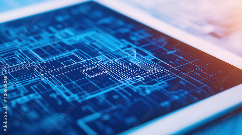 Poster digital tablet displaying holographic architectural plan with intricate blue lines and patterns, sho