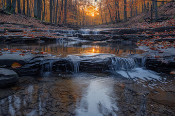 Autumn waterfall in the forest with fallen leaves on the rocks.,.   