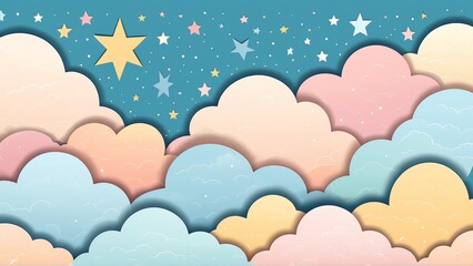 Obraz premium Colorful cartoon clouds and stars in dreamy night sky