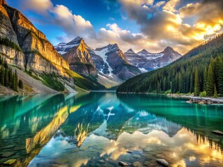 Obraz premium Vintage Style Photography of Snowy Rocky Mountains Reflected in Lake Louise at Dawn, Capturing the Tranquility of Nature in Soft Morning Light, Perfect for Travel and Landscape Lovers