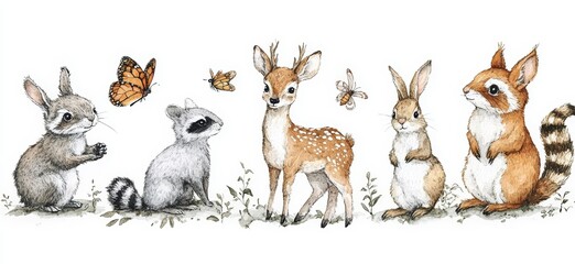 Obraz premium Watercolor Illustration of Deer Squirrel Raccoon Rabbit Butterfly Bee Bird in Whimsical Forest