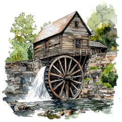 Obraz premium Watercolor Painting of a Historic Water Mill. A picturesque illustration of an old wooden water mill with a large water wheel.