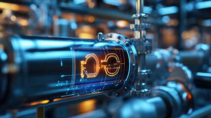 Fototapeta premium Photorealistic composition of chemical process featuring metallic pipe with glowing digital interface. intricate details highlight modern technology in industrial settings