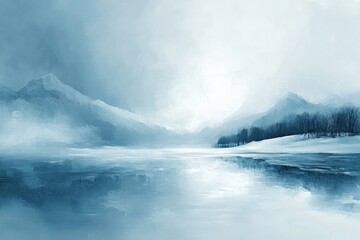 Obraz premium A serene winter landscape with a frozen lake and snow-capped mountains in the distance. The sky is a soft blue, with a hint of sunlight breaking through the clouds.