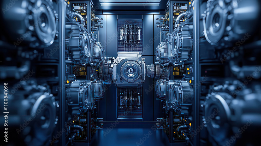 Poster futuristic data center featuring symmetrical cooling towers and advanced machinery, showcasing high 