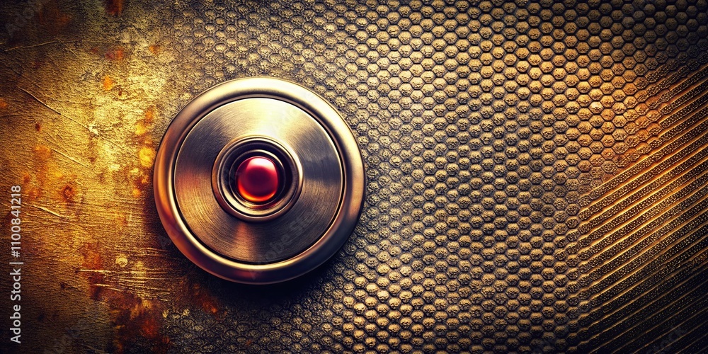 Poster Vintage Style Steel Round Button on a Textured Metal Background with a Distinct Metallic Frame Ideal for Web Design and Digital Applications